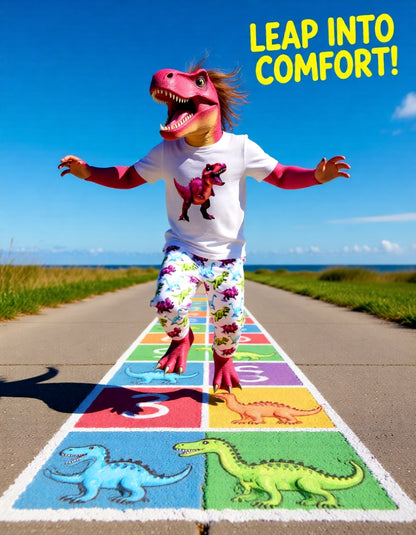 LEAP Into COMFORT A magenta dinosaur wears coordinating dinosaur pants and can megenta tdino tee while playin gdinosuar hopscotch. AI