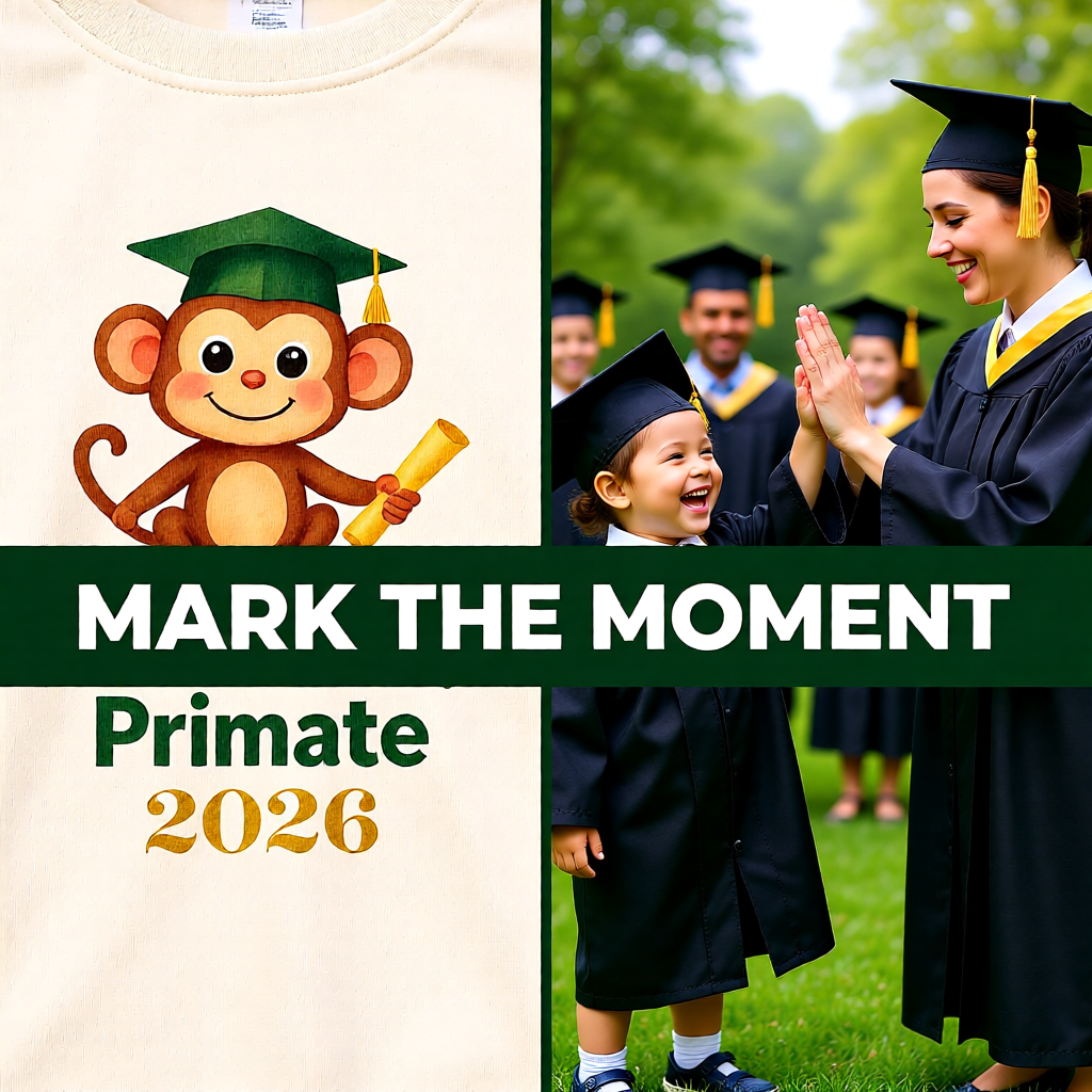 “Split image showing a cartoon monkey in a graduation cap on one side and a teacher handing a diploma to a kindergarten student on the other, with the words ‘Mark the Moment’ across the center.”