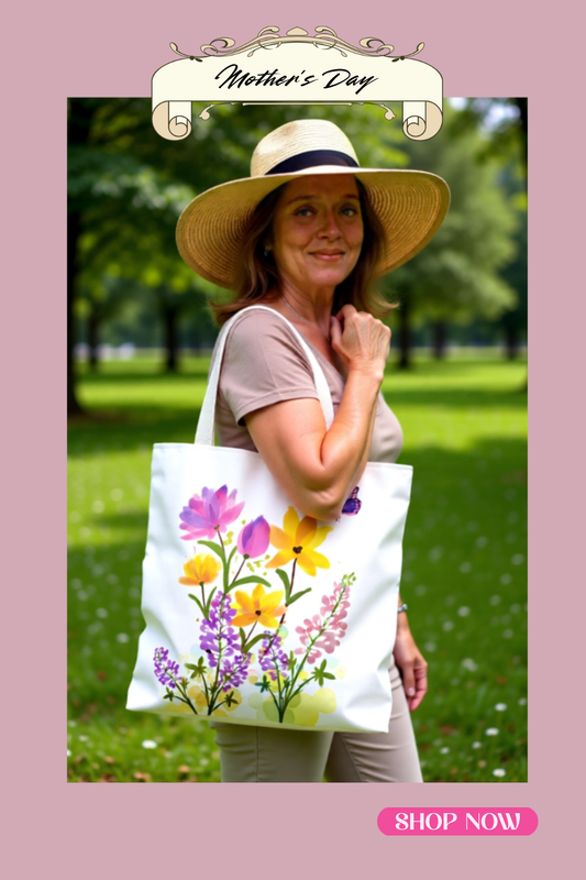 Woman holding a tote bag with floral design in a park, Mother's Day theme.