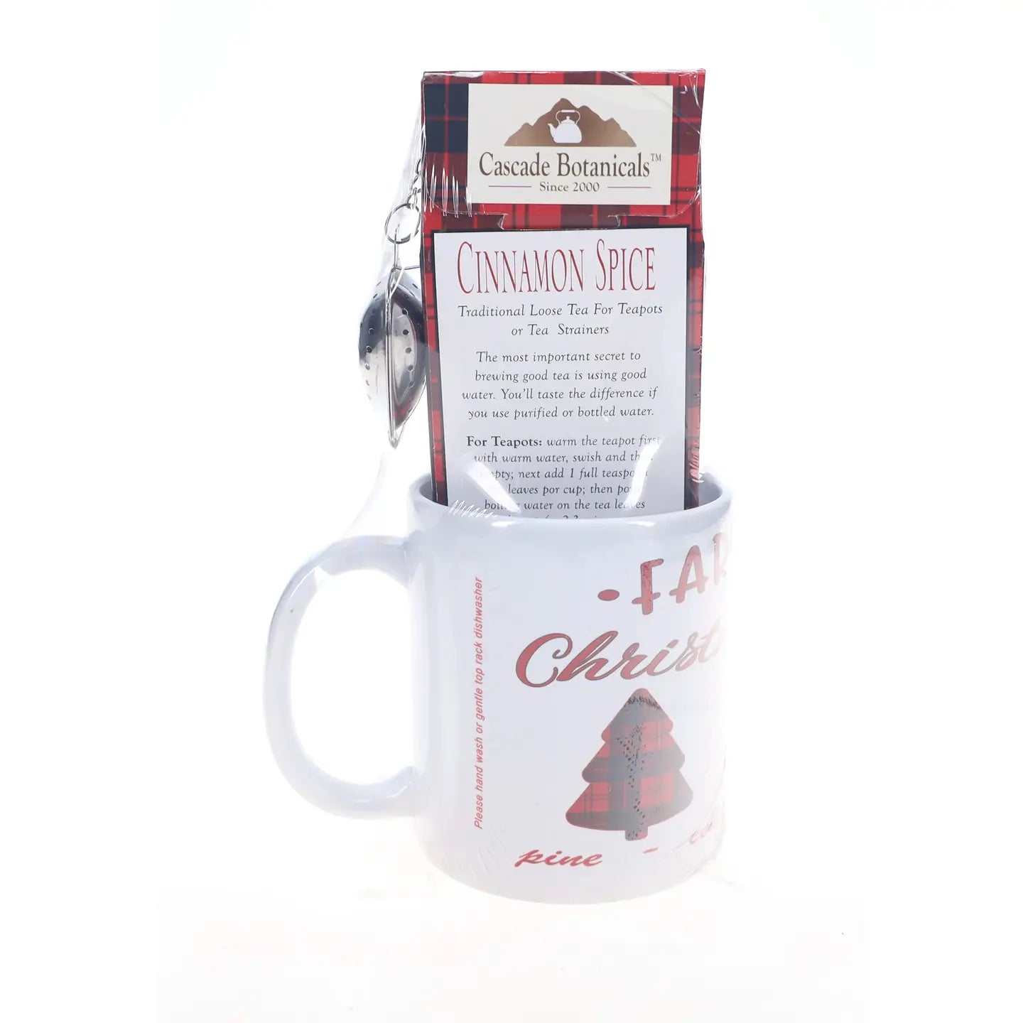 Holiday Tea Cinnamon Spice Gift Box with Seasonal Mug and Tea Strainer.