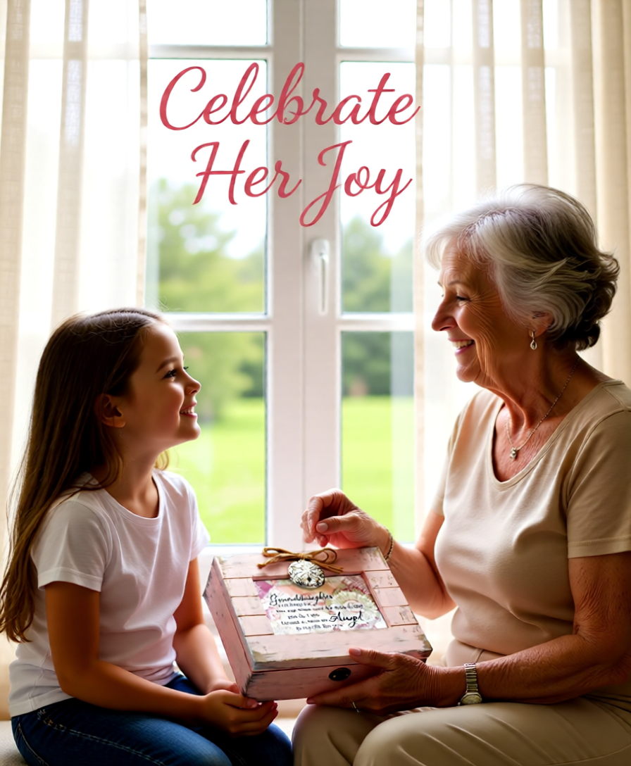 Woman and young girl sitting together with a wooden box, with text 'Celebrate Her Joy' above them.