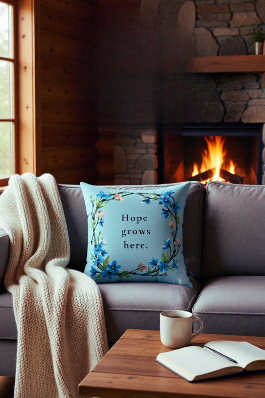 Cozy living room with a fireplace, cushion with 'Hope grows here' text, and a blanket.