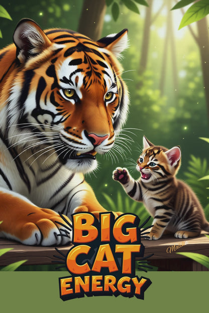 Tiny striped kitty hisses and wave paw at the curious large tiger. Big Cat Energy.