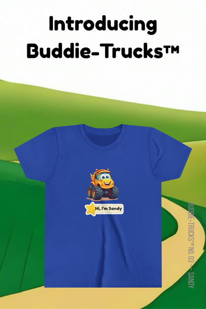 Post6er with painted his and yellow road says in the whte space at the top" Introducing Buddies Trucks". A royal blue short-sleeve t-shirt with a cartoon graphic of an orange construction vehicle and a star-shaped label that reads 'Hi, I'm Sandy'.