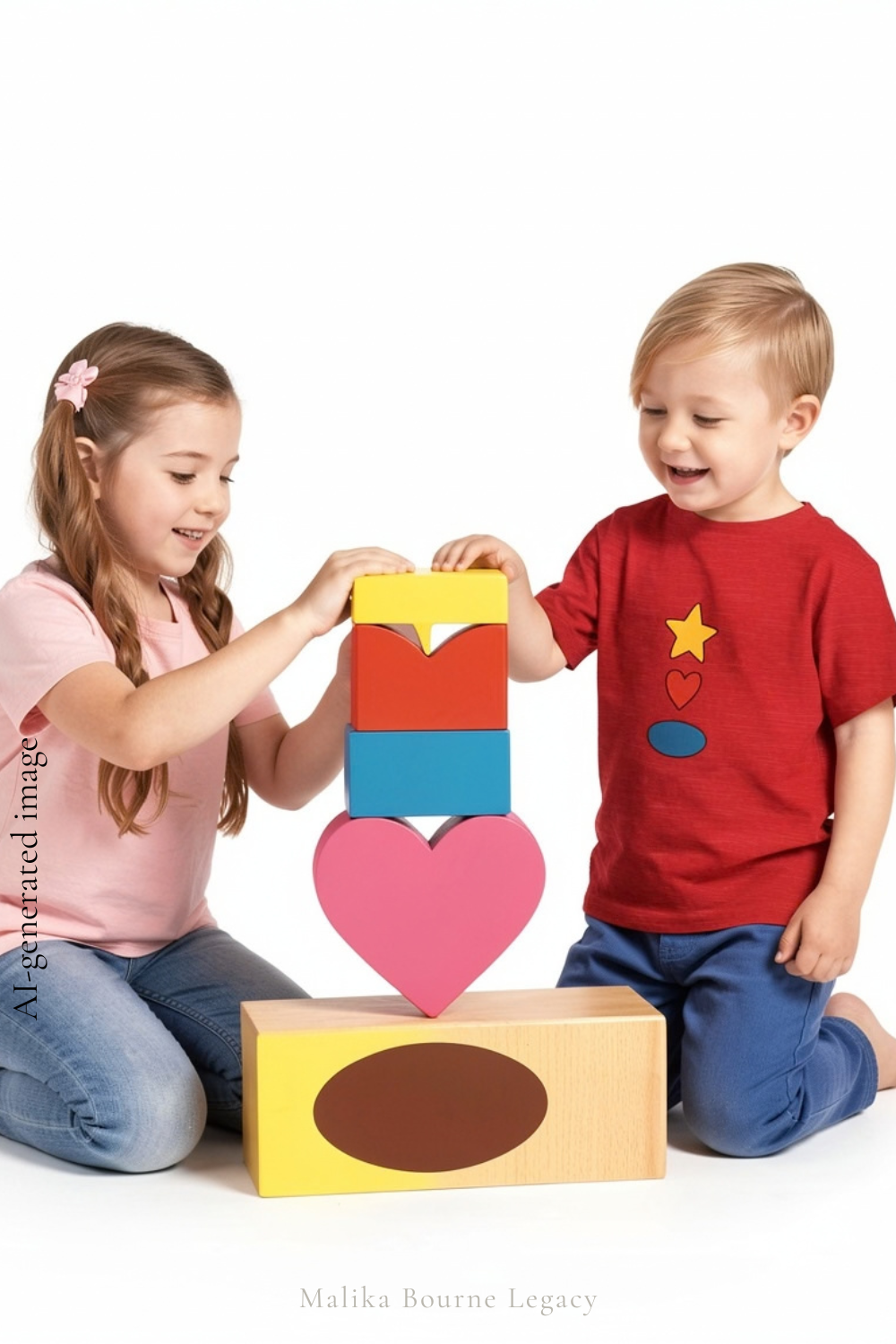 A young girl in a pink shirt and jeans sits on the left, and a young boy in a red shirt and blue jeans sits on the right, both smiling as they build a colorful wooden block tower together on a white background. AI generated iamge.