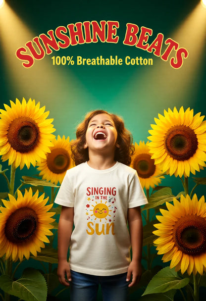 Kid singing loudly amongst sunflowers. Sunshine beats 100% bbreathable cotton
