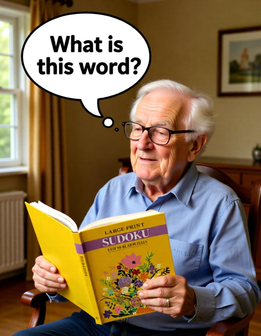 Old man reading a large print Sudoku book with a speech bubble asking 'What is this word?'