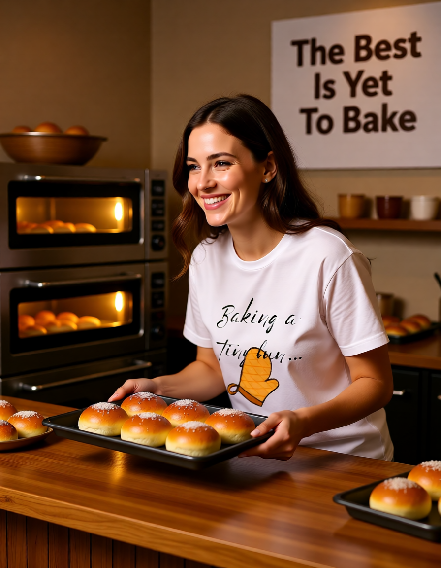 Woman in a kitchen with baked goods and a motivational quote on the wall.