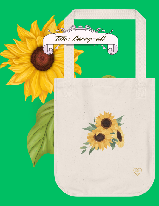 Beige tote bag with sunflower design on a green background