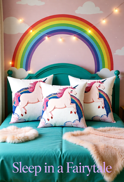 Image of a girls bedroom with a rainbow on wall and unicorn throw pillows on a bed. Sleep in a fairytale