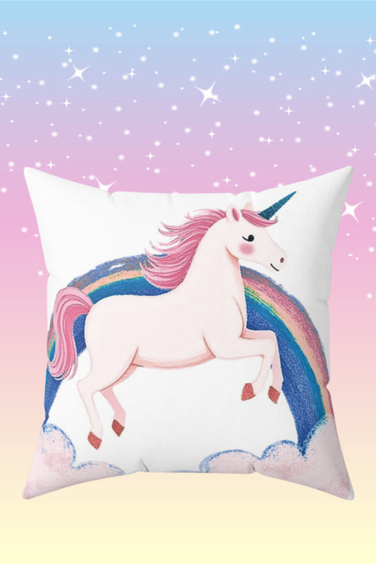 Unicorn pillow on a gradient pastel background with sparkles.
