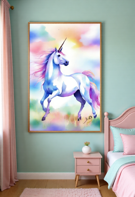 Colorful unicorn painting on a wall in a child's bedroom with pink furniture.