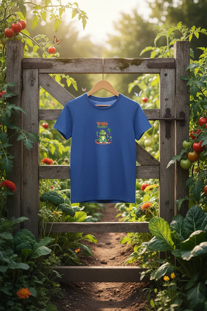 A blue short-sleeve t-shirt with a colorful cartoon graphic hanging on a wooden hanger from a rustic wooden gate in a lush garden pathway.