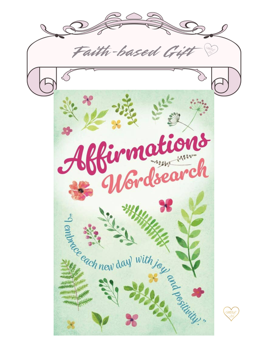 ook cover of 'Affirmations Wordsearch' with floral designs and text on a light green background.