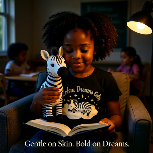 Child reading a book with a zebra plush toy in a cozy room.